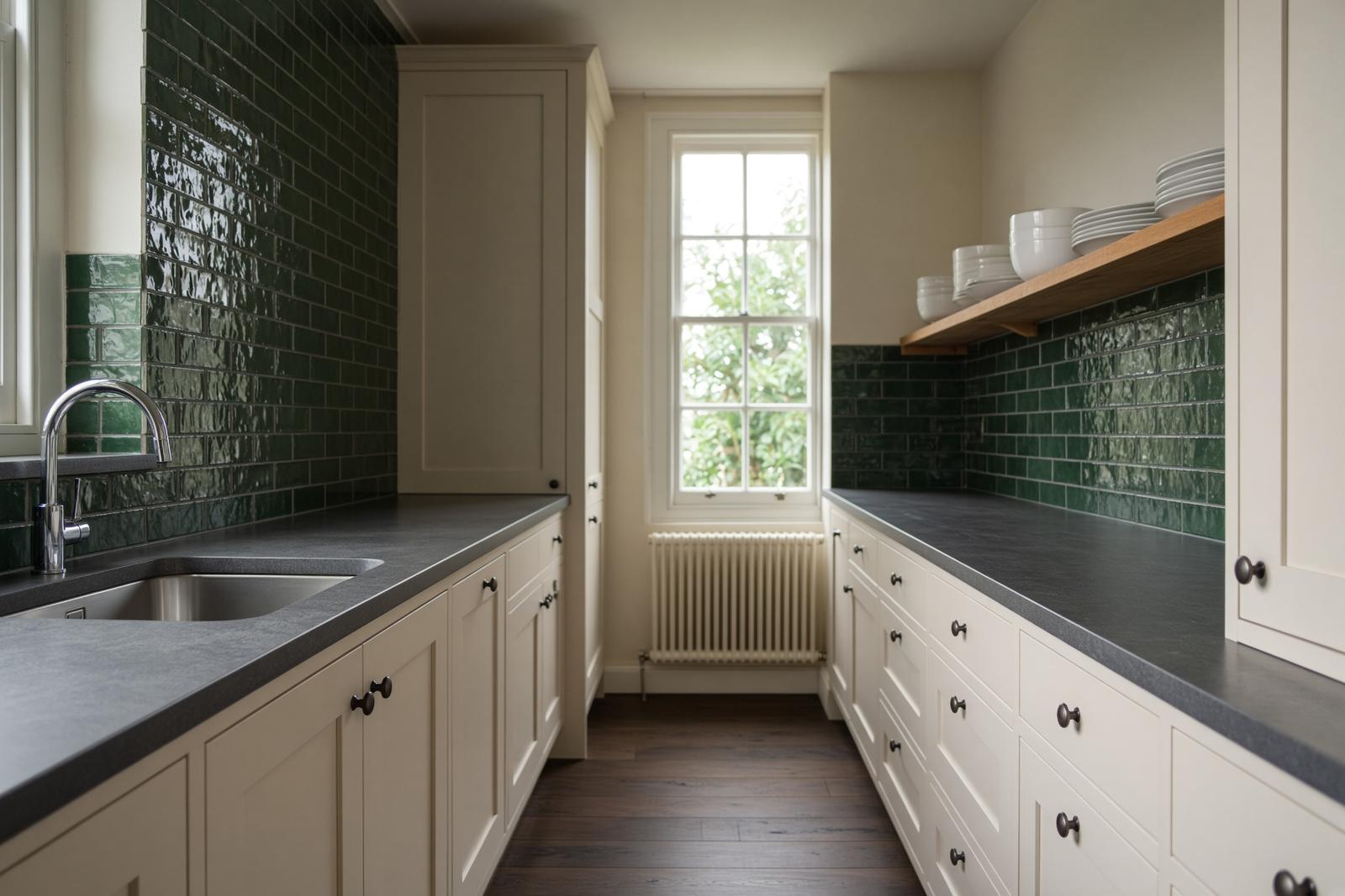 Cream kitchen with a dark green tiled splashback
