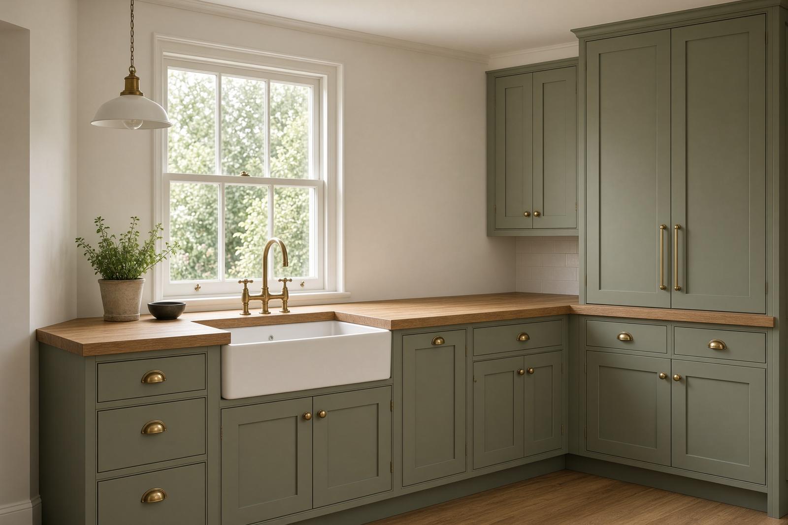 Sage green shaker kitchen with an oak worktop