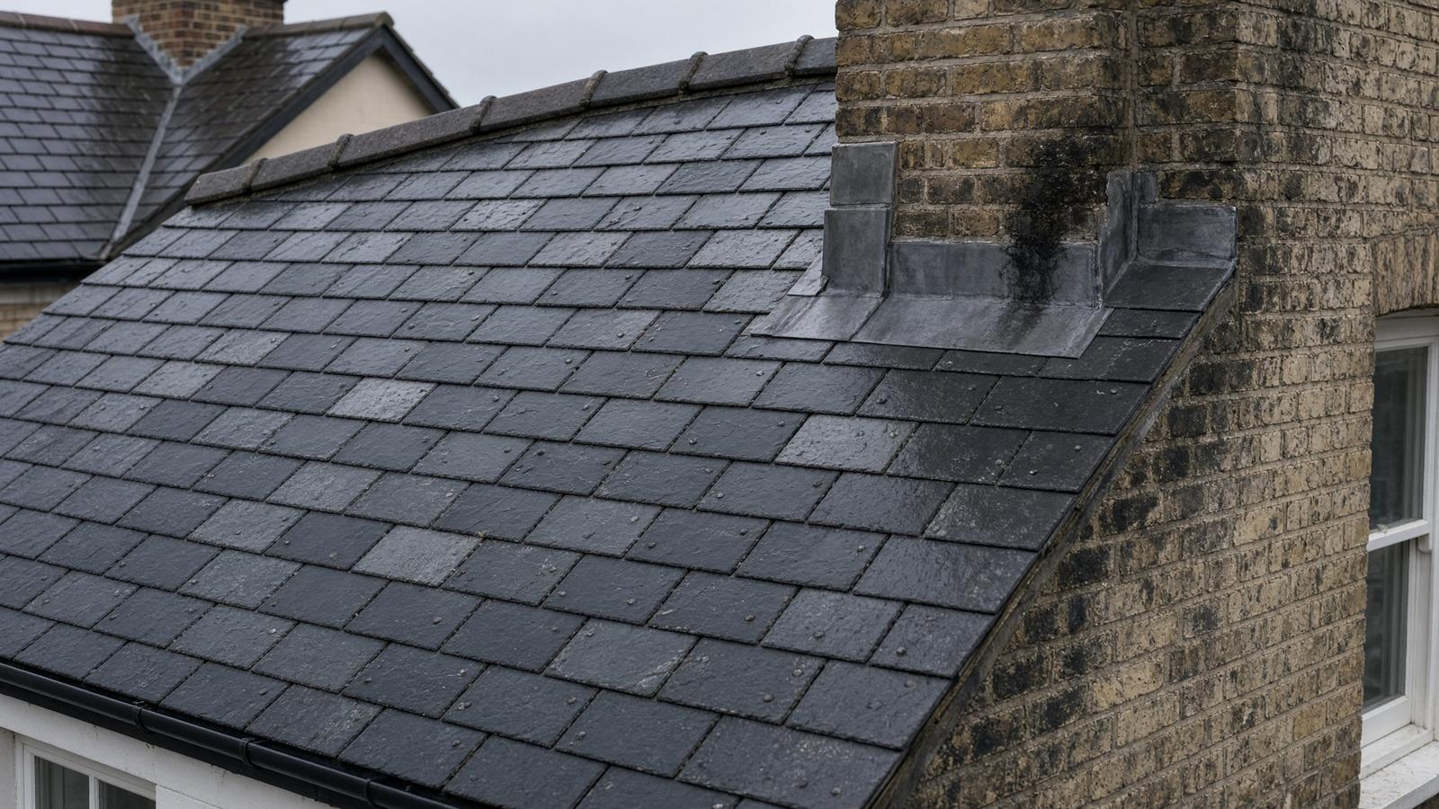 Natural slate roof and brick chimney on a terrace house